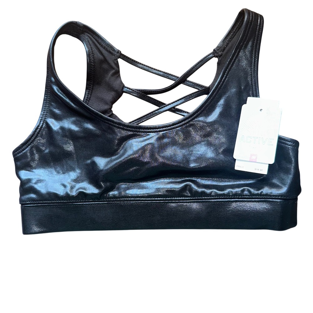 Active Girls Black Criss Cross Back Shiny Athletic Sports Bra‎ Size 30 NWT